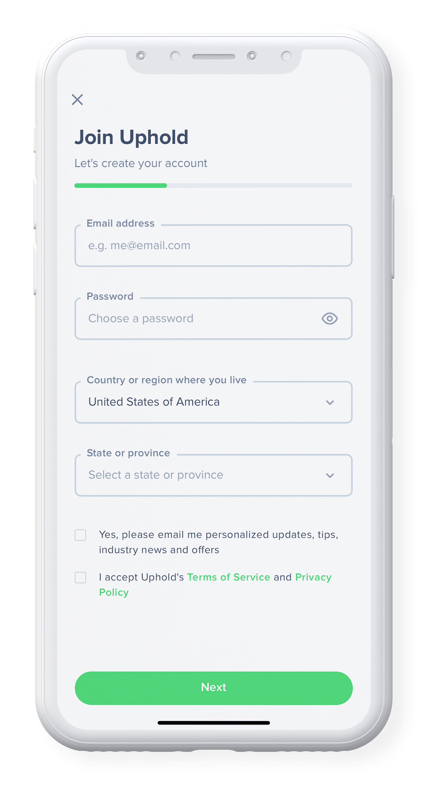 Join Uphold mobile app mockup